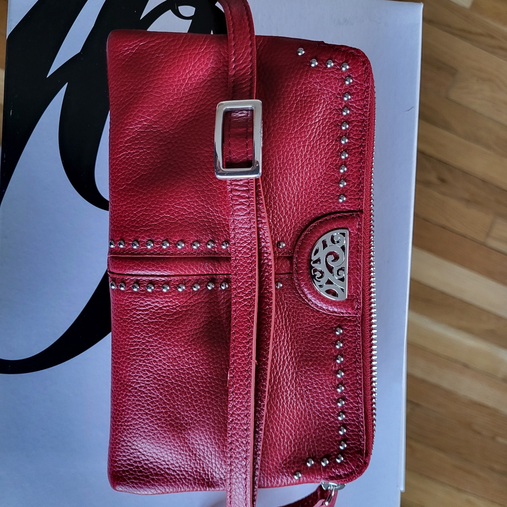 Brighton Lipstick Red Pebbled Leather Crossbody with Silver Studs